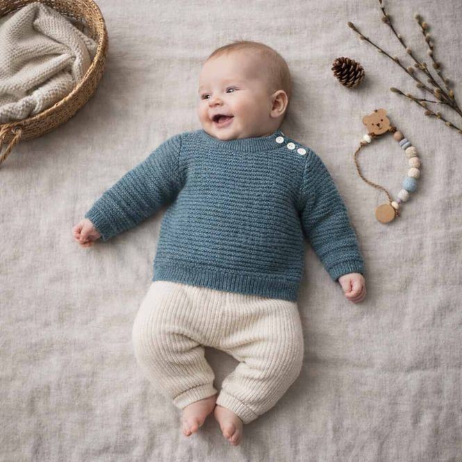 Hovedbilde Baby genser m vaffelmønster Merinoull Sjøgrønn FUB