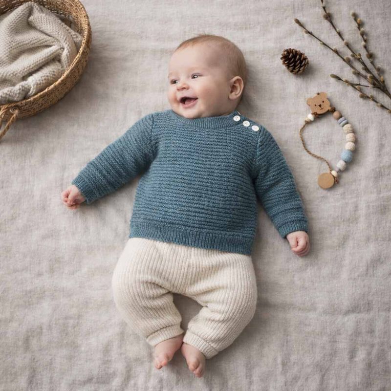 Baby genser m vaffelmønster Merinoull Sjøgrønn FUB